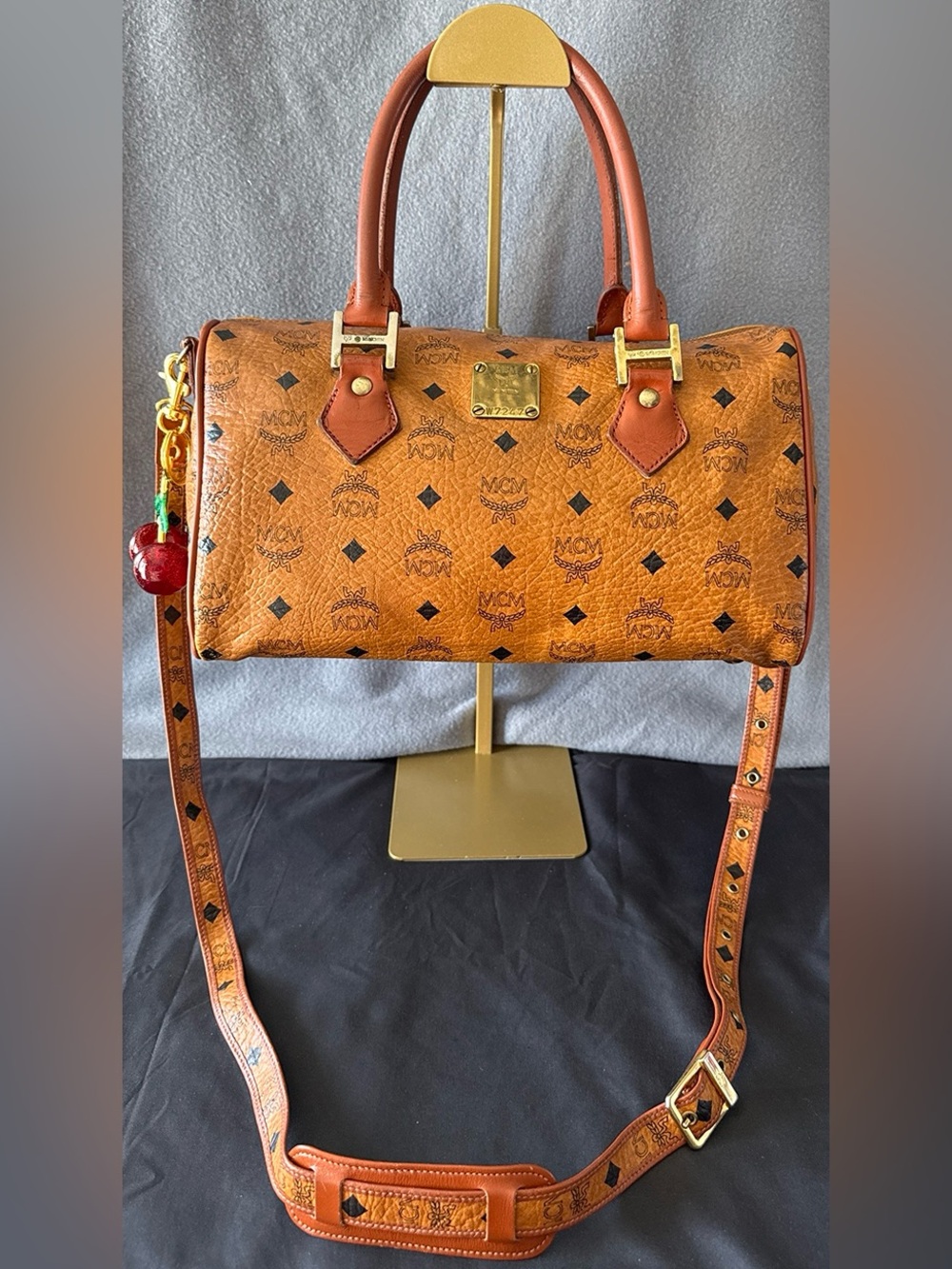 MCM Cognac Visetos Satchel with Detachable Adjustable Strap Cherry Charm